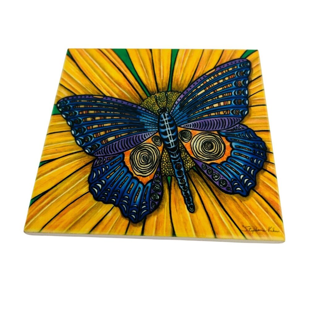 Butterfly on Sunflower Ceramic Tile Magnet Art Stephanie Kiker 4 Inch Square